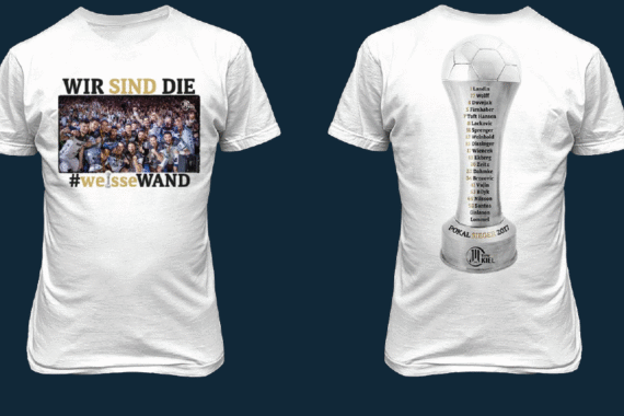 Die Vorderseite des weißen T-Shirts zeigt eine feiernde Mannschaft mit dem Text WIR SIND DIE #weisseWAND; die Rückseite zeigt das Bild eines Pokals mit einer Liste von Fußballmannschaften und dem DFB-POKAL SIEGER 2016.