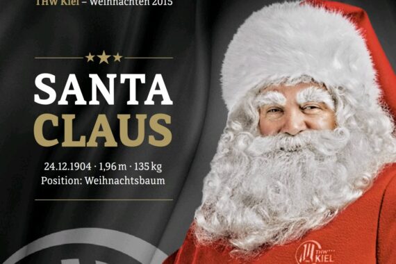 Lächelnder Weihnachtsmann in traditionellem roten Anzug und Mütze, mit weißem Bart, vor einem schwarz-grauen Hintergrund mit THW Kiel Logo. Text listet seine Statistiken und Position als Weihnachtsbaum für THW Kiel Weihnachten 2015.
