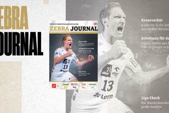 Titelbild der Zeitschrift Zebra Journal mit einem jubelnden Handballspieler in einem weißen Trikot, mit fettgedrucktem Text auf der linken Seite und zusätzlichen Schlagzeilen und Logos auf einem beige-grauen Hintergrund.