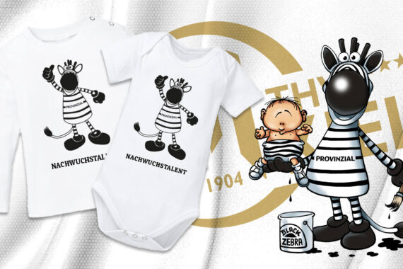 Zwei Babykleider mit einem winkenden Cartoon-Zebra und dem darunter gedruckten Wort NACHWUCHSTALENT sind abgebildet. Daneben hält ein Cartoon-Zebra ein Baby in gestreifter Kleidung mit einem Farbeimer mit der Aufschrift BLACK ZEBRA.
