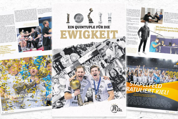 Drei Magazinseiten zur Feier des Meisterschaftsgewinns der Handballer des THW Kiel mit Pokalfotos, Konfetti, jubelnden Spielern und Glückwünschen in deutscher Sprache in einem festlichen Farbschema in Schwarz-Weiß und Gold.