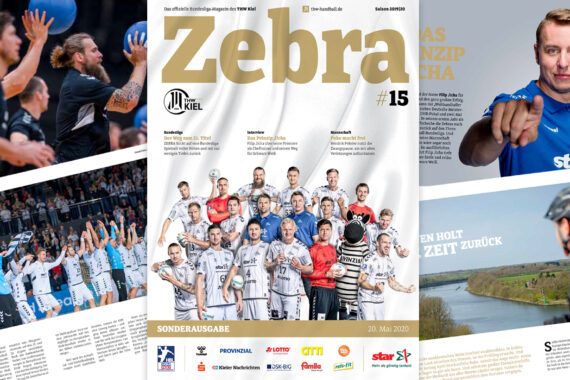 Collage des Titelblatts eines Handballmagazins mit dem Titel Zebra, auf dem ein großes Gruppenfoto der Mannschaft des THW Kiel zu sehen ist, daneben Aktionsaufnahmen von Spielern, ein Porträt und eine Landschaftsaufnahme. Verschiedene Artikel und Sponsoren sind zu sehen.