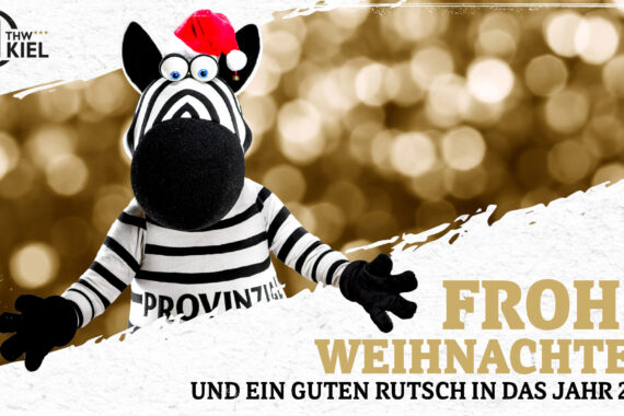 Ein schwarz-weißes Zebramaskottchen mit roter Weihnachtsmannmütze steht links. Goldfarbener Bokeh-Hintergrund. Der deutsche Text lautet: Frohe Weihnachten und einen guten Rutsch in das Jahr 2021! Das Logo des THW Kiel befindet sich oben links.