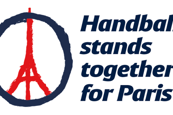 Ein handgezeichneter Eiffelturm in einem Kreis ist neben dem Text "Handball steht gemeinsam für Paris" zu sehen. Das EHF-Logo erscheint in der unteren rechten Ecke.