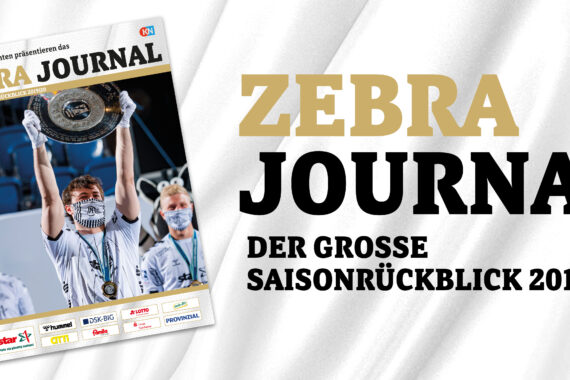 Titelblatt des Zebra Journals mit einem Handballspieler, der eine Trophäe über dem Kopf hält und eine Maske trägt. Großer Text lautet: Zebra Journal. Der große Saisonrückblick 2019/20. Die Logos der Sponsoren sind am unteren Rand zu sehen.