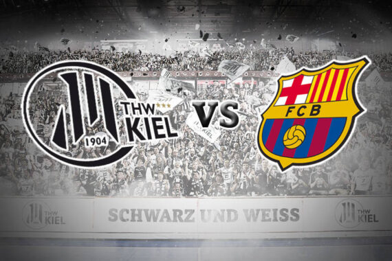 Logos des THW Kiel und des FC Barcelona mit VS dazwischen, vor einem überfüllten Stadion mit jubelnden Fans, mit dem Schriftzug SCHWARZ UND WEISS auf einem Transparent im Vordergrund.