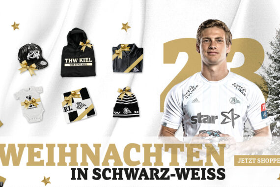 Ein männlicher Sportler in einem weißen Sporttrikot steht neben Weihnachtsgeschenken und THW-Werbeartikeln, mit WEIHNACHTEN IN SCHWARZ-WEISS und JETZT SHOPPEN in goldener Schrift auf einem festlichen, verschneiten Hintergrund.