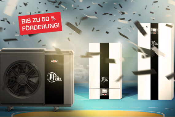 Bild von drei modernen Heiz- und Kühlgeräten mit Diva Power Kiel Branding. Um sie herum fällt Konfetti. Ein rotes Schild mit der Aufschrift BIS ZU 50 % FÖRDERUNG! (Bis zu 50 % Zuschuss!).