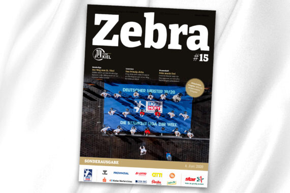 Das Titelbild der Ausgabe Nr. 15 des Zebra-Magazins zeigt eine Gruppe von Athleten, die vor einem großen Banner mit der Aufschrift Deutscher Meister 19/20 und Sponsorenlogos feiern, darunter das Datum 4. Juni 2020 am unteren Rand.