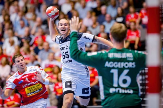 Ein männlicher Handballspieler in einem weißen Trikot springt, um den Ball in Richtung Tor zu werfen, während ein Torwart in Grün und ein weiterer Spieler in Rot den Ball verteidigen. Im Hintergrund sieht man eine Gruppe von Zuschauern, die das Spiel verfolgen.
