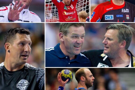 Eine Collage von sieben Männern, die Handball spielen, mit Nahaufnahmen von Spielern in Trikots, einem Torwart, der die Arme hebt, und zwei Trainern im Gespräch während eines Spiels.