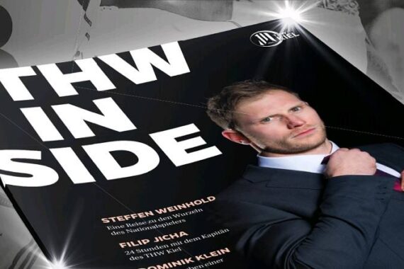 Das Titelbild der Zeitschrift THW INSIDE zeigt einen Mann im Anzug, der seine Krawatte zurechtrückt, und einen Text, der Steffen Weinhold, Filip Jicha und Dominik Klein hervorhebt. Oben ist das Logo des THW Kiel zu sehen.