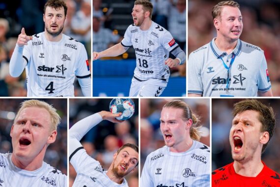 Eine Collage von sieben männlichen Handballspielern, die alle während eines Spiels weiße Trikots mit verschiedenen Sponsorenlogos tragen und in Aktion oder in einer emotionalen Reaktion gezeigt werden.