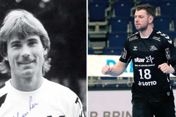 Geteiltes Bild: Links ein Schwarz-Weiß-Porträt eines lächelnden Mannes mit Schnurrbart in einem Sporttrikot; rechts ein Mann in einem schwarzen Handballtrikot mit der Nummer 18 während eines Spiels.