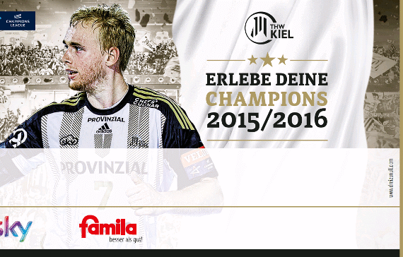 Ein männlicher Handballspieler im gestreiften Trikot des THW Kiel jubelt auf einer Werbekarte. Der Text wirbt für die "Erlebe Deine Champions 2015/2016" des THW Kiel, mit Sponsorenlogos von Sky, Famila und VELUX.