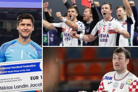 Eine Collage, die Niklas Landin mit seiner Auszeichnung als IHF-Weltfußballer des Jahres 2019 zeigt, jubelnde dänische Handballer und einen kroatischen Handballer in Aktion, der den Ball hält.