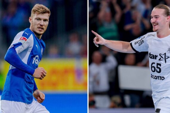 Geteiltes Bild: Links läuft ein Fußballspieler in einem blau-weißen Trikot über das Spielfeld. Rechts ein Handballspieler in einem weißen Trikot mit 65 Lächeln und Punkten, beide bei Sportveranstaltungen.