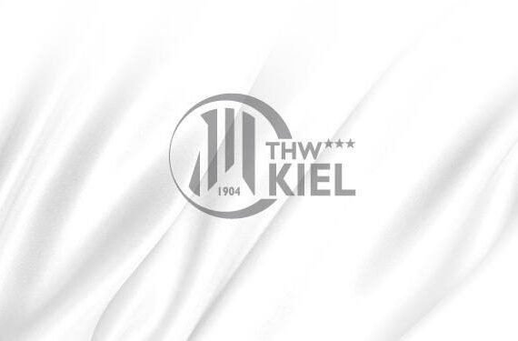 Das Logo des THW Kiel zeigt ein stilisiertes K, die Jahreszahl 1904 und drei Sterne, zentriert auf einem weißen, seidigen Hintergrund.