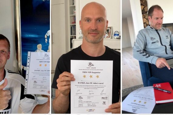 Eine Collage aus drei Bildern, die Männer in Innenräumen zeigen, die jeweils eine Urkunde mit der Aufschrift THW-VIP-Supporter mit goldenen Sternen in der Hand halten oder daneben arbeiten. Ein Mann scheint an einem Laptop zu arbeiten, daneben liegt ein rotes Notizbuch.