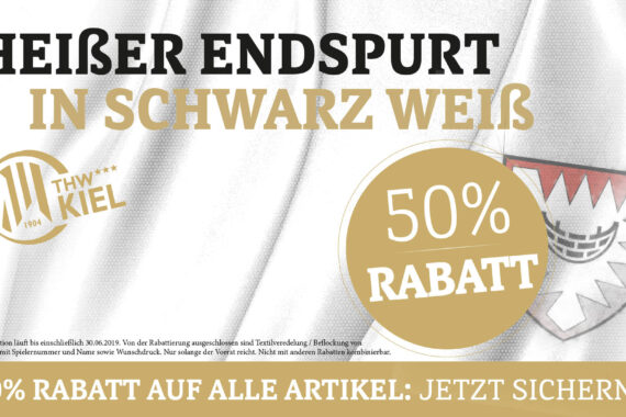 Werbebanner in schwarz-weiß für den THW Kiel mit großem Text "50% Rabatt", dem Vereinslogo und einem Wappen. Unten steht der Text "50% Rabatt auf alle Artikel: Jetzt sichern!".