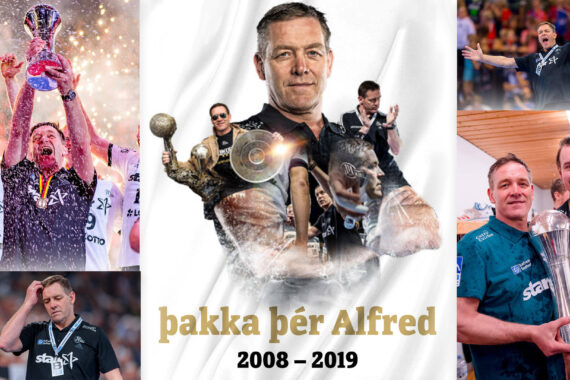 Eine Collage, die Alfred Gislasons Karriere von 2008-2019 würdigt, mit feierlichen Momenten, einem zentralen Porträt mit Trophäen und emotionalen Szenen, mit dem Text "þakka þér Alfred 2008-2019" auf weißem Hintergrund.