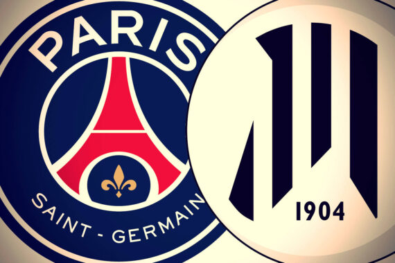 Nahaufnahme des Logos des Paris Saint-Germain FC (PSG) auf der linken Seite und des Logos des Fußballclubs Montpellier HSC mit 1904 auf der rechten Seite. Beide Logos überschneiden sich leicht auf einem neutralen Hintergrund.