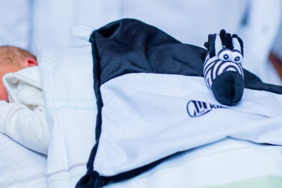 Ein neugeborenes Baby schläft unter einer weiß-schwarzen Decke, auf der ein kleines Plüsch-Zebra-Spielzeug ruht. Das Gesicht des Babys ist teilweise zu sehen, und es ist mit heller Kleidung bekleidet.