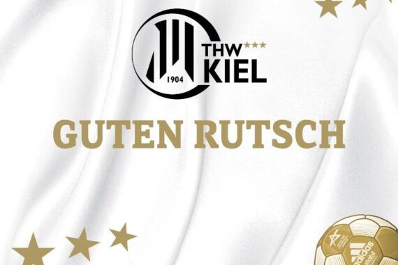 Weißer Hintergrund mit goldenen Sternen, dem Logo der Handballmannschaft des THW Kiel, einem goldenen Adidas-Ball und dem Schriftzug GUTEN RUTSCH in goldenen Buchstaben, der einen guten Start ins neue Jahr wünscht.