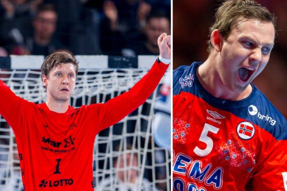 Geteiltes Bild: Links hebt ein Handballtorwart in einem roten Trikot seine Arme vor dem Tor. Rechts: Ein Handballspieler in einem roten Trikot schreit intensiv und zeigt seine Emotionen während eines Spiels.