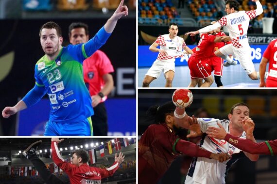 Eine Collage aus vier Szenen eines Handballspiels: Spieler in Aktion, die springen, greifen und blocken, in verschiedenfarbigen Trikots, mit dem Schwerpunkt auf Intensität und dynamischer Bewegung während der Spiele in einer Halle.
