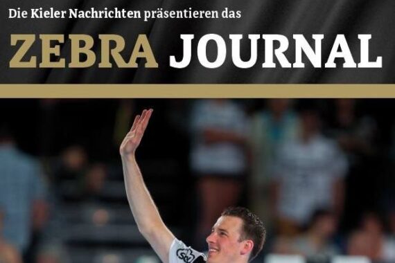 Ein Handballspieler in einem weißen Trikot winkt der Menge unter einer schwarz-goldenen Zebra-Journal-Kopfzeile mit deutschem Text zu.