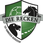 Wappenlogo mit grün-weißem Schild, auf dem ein Pferd, ein Löwe, ein Handball und ein Gericht abgebildet sind. Auf einem grauen Banner steht DIE RECKEN und darunter TSV Hannover-Burgdorf - perfekt für Fans, die auf der Suche nach THW Kiel handball auswärts Tickets sind.