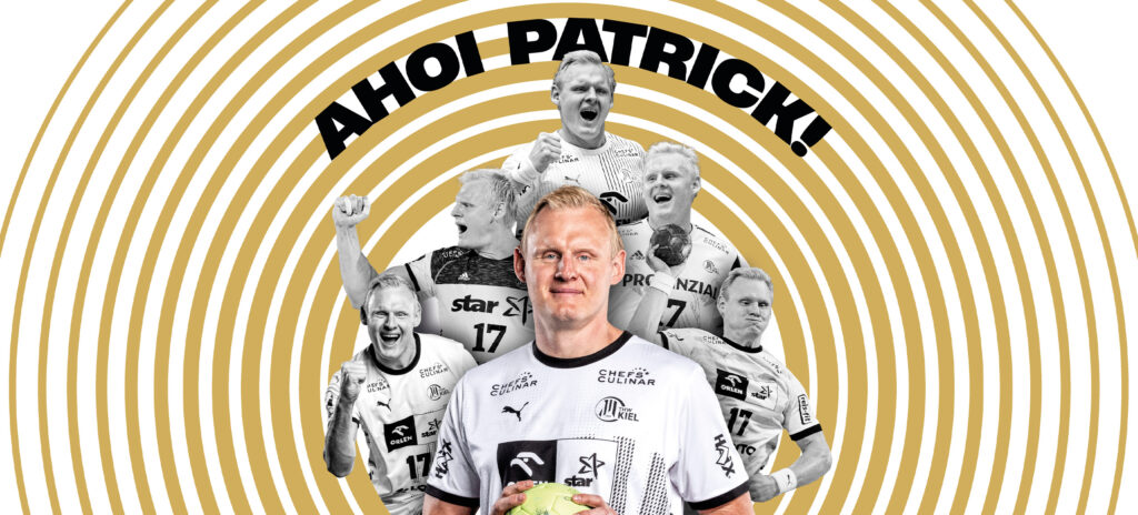 Eine Collage eines Handballspielers namens Patrick in verschiedenen Aktionsposen, mit AHOI PATRICK! in fetten schwarzen Buchstaben über ihm und goldenen konzentrischen Kreisen im Hintergrund.