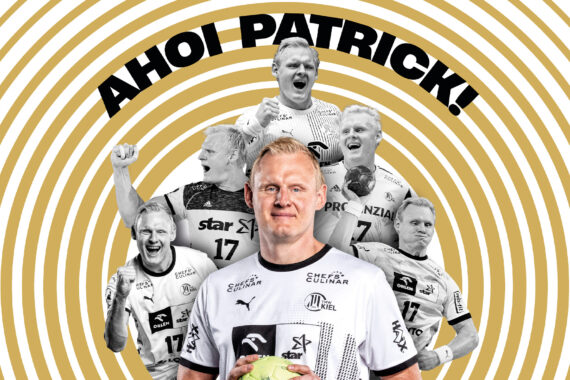 Eine Collage eines Handballspielers namens Patrick in verschiedenen Aktionsposen, mit AHOI PATRICK! in fetten schwarzen Buchstaben über ihm und goldenen konzentrischen Kreisen im Hintergrund.