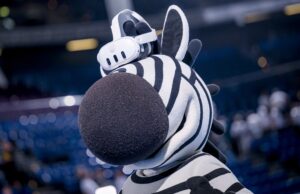 Ein Zebramaskottchen, das ein Virtual-Reality-Headset trägt, steht in einem Innenraum vor einem verschwommenen Hintergrund aus blauen Stadionsitzen und Menschen.