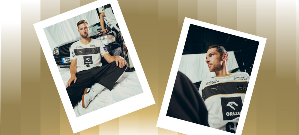 250915_Header_Trikot_EHF Zwei Polaroid-Fotos eines Mannes in einem Rennanzug stehen vor einem Hintergrund mit goldenem Farbverlauf. Auf dem einen sitzt er auf dem Boden neben einem Auto, auf dem anderen steht er und schaut zur Seite.