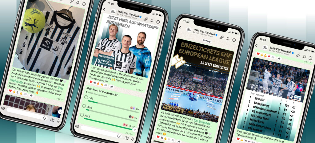 Auf vier Smartphones werden WhatsApp-Chats mit Aktionen von Handballvereinen angezeigt, darunter die Verlosung eines signierten Trikots, eine Abstimmung, der Verkauf von Eintrittskarten für eine europäische Liga und eine Grafik mit der Ligatabelle und Interaktionen der Fans.