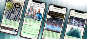 Auf vier Smartphones werden WhatsApp-Chats mit Aktionen von Handballvereinen angezeigt, darunter die Verlosung eines signierten Trikots, eine Abstimmung, der Verkauf von Eintrittskarten für eine europäische Liga und eine Grafik mit der Ligatabelle und Interaktionen der Fans.