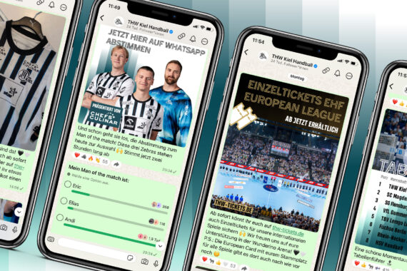 Auf vier Smartphones werden WhatsApp-Chats mit Aktionen von Handballvereinen angezeigt, darunter die Verlosung eines signierten Trikots, eine Abstimmung, der Verkauf von Eintrittskarten für eine europäische Liga und eine Grafik mit der Ligatabelle und Interaktionen der Fans.
