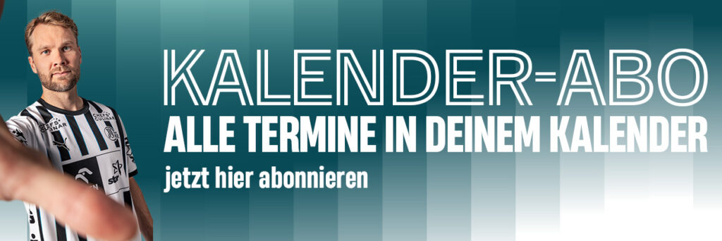 Ein Mann in einem schwarz-weißen Sporttrikot zeigt auf die Kamera. Der fettgedruckte Text auf Deutsch lautet: Kalender-Abo, Alle Termine in deinem Kalender, jetzt hier abonnieren vor einem aquamarin gestreiften Hintergrund.