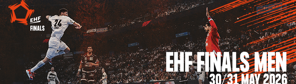 Ein Handballspieler in Weiß vom Rekordmeister THW Kiel springt zum Torschuss, während ein Torwart in Rot sich darauf vorbereitet, den Ball zu blocken. Die Arena ist mit Zuschauern gefüllt. Text: EHF FINALS MÄNNER 30/31 MAI 2026. Links das Logo der EHF Finals.