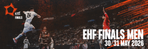 Ein Handballspieler in Weiß vom Rekordmeister THW Kiel springt zum Torschuss, während ein Torwart in Rot sich darauf vorbereitet, den Ball zu blocken. Die Arena ist mit Zuschauern gefüllt. Text: EHF FINALS MÄNNER 30/31 MAI 2026. Links das Logo der EHF Finals.