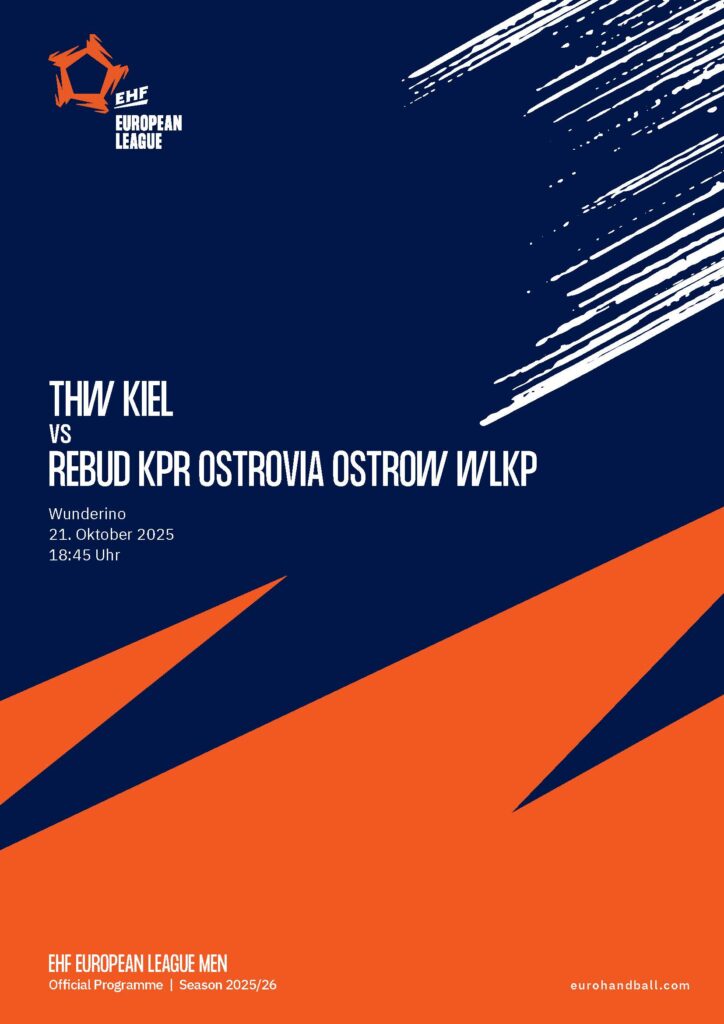 EPaper_ZEBRA_EL_Heft_A_Ostrow Plakat für das Spiel der EHF European League: THW Kiel gegen Rebud KPR Ostrovia Ostrow Wlkp, am 21. Oktober 2025 um 18:45 Uhr. Mit kräftigen blauen und orangefarbenen Grafiken, Veranstaltungsdetails und Highlights aus dem aktuellen THW Kiel Hallenheft Handball.