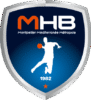 Montpellier Logo Ein blaues und silbernes Logo in Form eines Schildes, auf dem in großen Buchstaben MHB steht, darunter Montpellier Méditerranée Métropole, die Silhouette eines Handballspielers, 1982, und unten ein orangefarbener Stern.