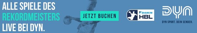 Saisonstart25-Dyn-HBL-WebsiteBanner-Club-Kiel-640x108 Banner mit deutschem Text, der für Live-Sport auf Dyn wirbt. Der Text lautet: ALLE SPIELE DES REKORDMEISTERS LIVE BEI DYN. Nächstes Spiel THW Kiel - jetzt buchen! HBL und Dyn Logos auf blauem Hintergrund, plus Bundesliga Ergebnisse Übersicht und Termine.