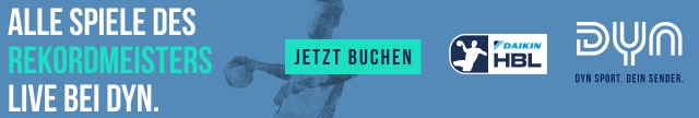 Banner mit deutschem Text, der für Live-Sport auf Dyn wirbt. Der Text lautet: ALLE SPIELE DES REKORDMEISTERS LIVE BEI DYN. Nächstes Spiel THW Kiel - jetzt buchen! HBL und Dyn Logos auf blauem Hintergrund, plus Bundesliga Ergebnisse Übersicht und Termine.