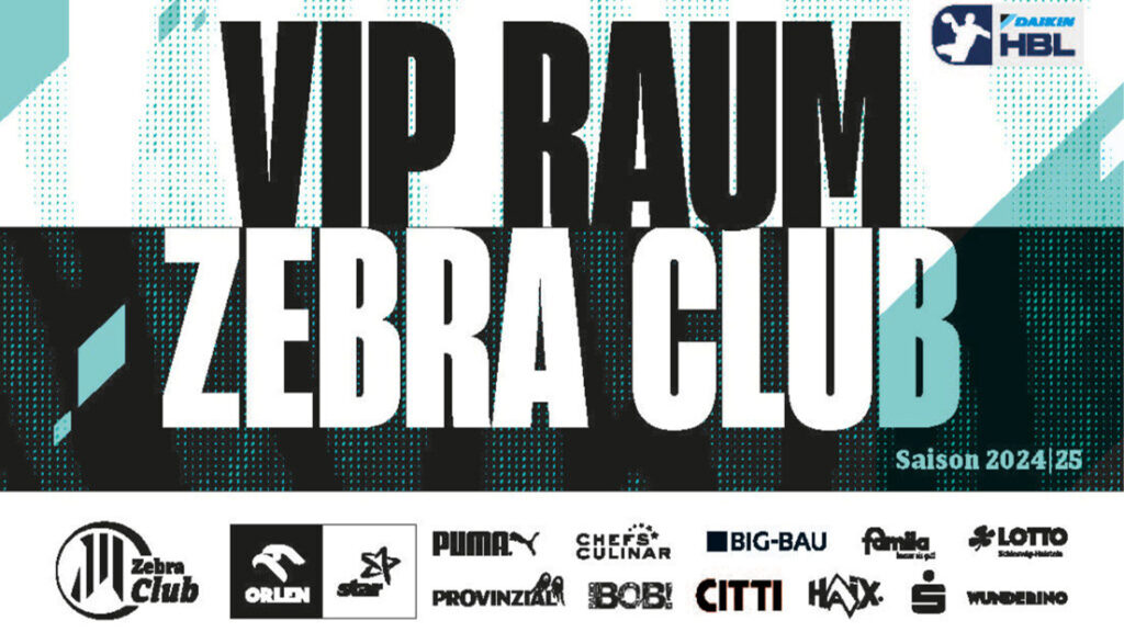 Werbebanner für den VIP Raum Zebra Club, Saison 2024/25, mit Sponsorenlogos von Puma, Citti, Lotto und Familien, mit einem plakativen schwarz-weißen Design und dem Logo der Handball-Bundesliga.