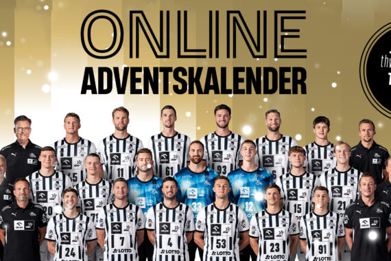 Eine Männerhandballmannschaft und Trainer in schwarz-weißen Trikots posieren gemeinsam unter dem Text "Online Adventskalender" mit einem runden Schild rechts, auf dem steht "jetzt auf thw-handball.de Türchen öffnen". Goldfarbener, glitzernder Hintergrund.