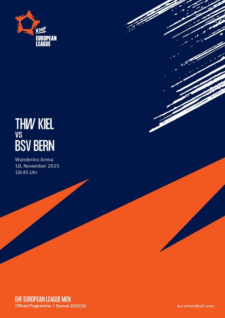 EPaper_ZEBRA_EL_Heft_B_Bern Plakat für das Spiel der EHF European League: THW Kiel gegen BSV Bern, geplant für den 18. November 2025, 18:45 Uhr in der Wunderino Arena. Das Design zeigt blaue und orange abstrakte Formen, die vom THW Kiel Hallenheft Handball inspiriert sind.