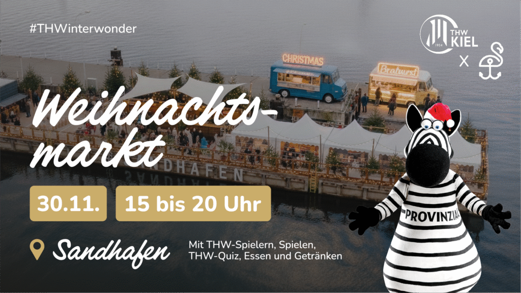 Ein festlicher schwimmender Weihnachtsmarkt im Sandhafen mit Lichtern und Buden, veranstaltet vom THW Kiel. Veranstaltungstermin: 30.11., Zeit: 15-20 Uhr. Mit Maskottchen Zebra, Spielen, Quiz, Essen und Getränken.